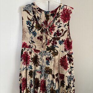 Easel Floral Babydoll Blouse Tie Neck Cream Jewel Tone Boho Top Size L
